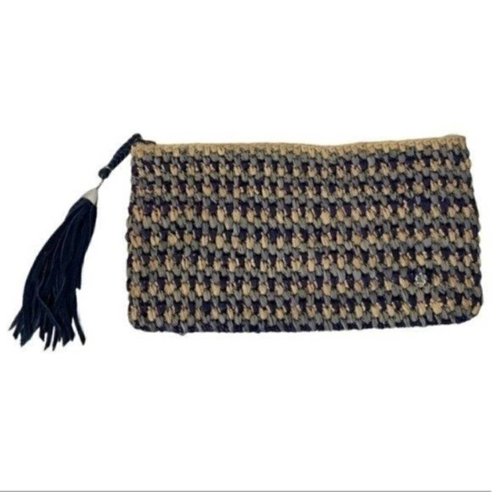 Flora Bella Seabreeze Clutch Bag Braided 100% Raffia Zippered w/ Tassle 13” X 7”